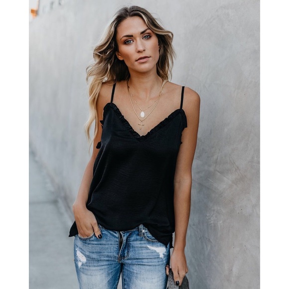 Susie Satin Frill Tank - Black - Picture 2 of 6